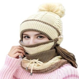 Women 3 In 1 Winter Hat, Fleece Lined Beanie Hat with Scarf Set